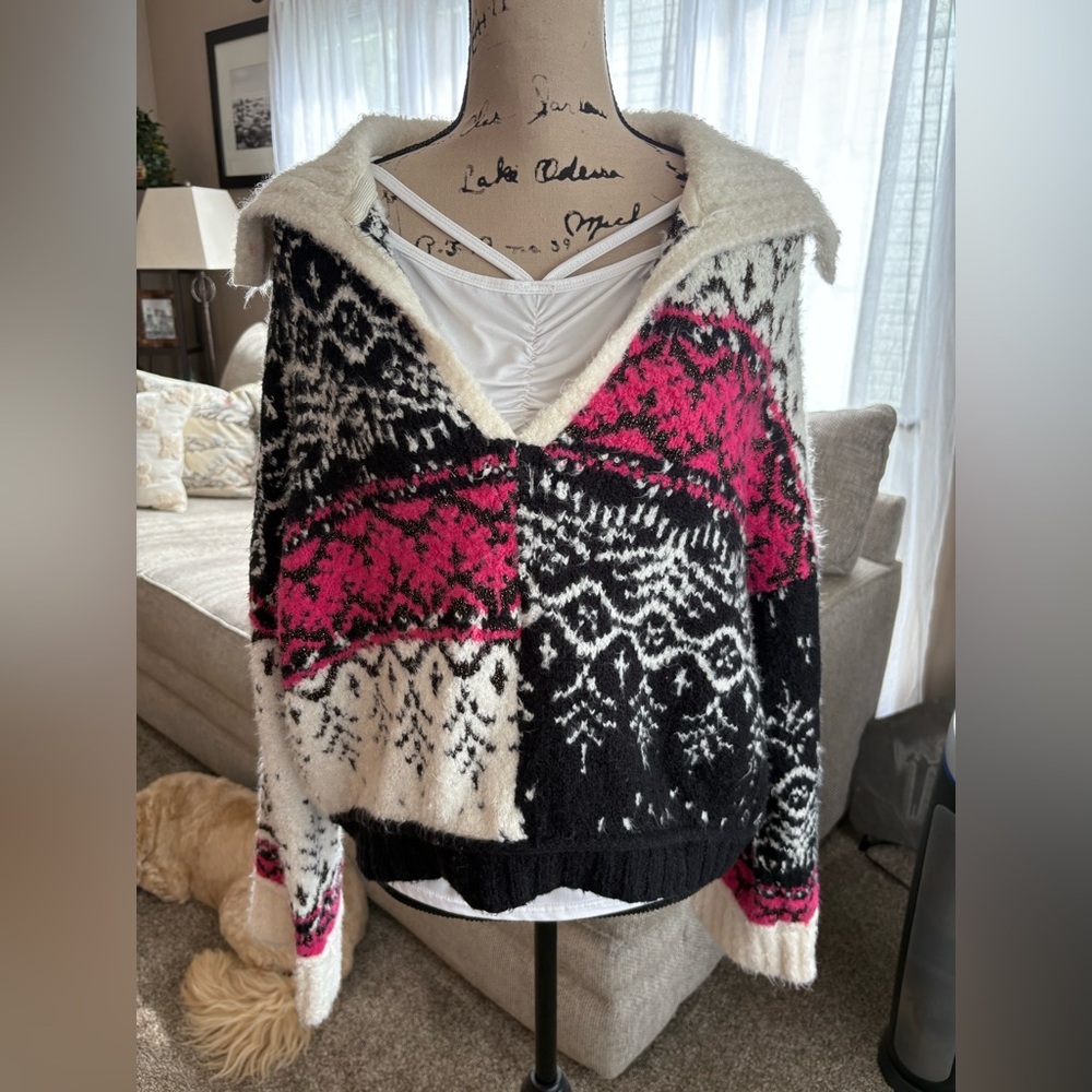 Pilcro Black and Pink V-Neck Sweater with Nordic Pattern